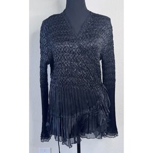 KOMAROV Women's Sz XL Black Crinkle Satin Chiffon Wrap Top Blouse Quiet Luxury